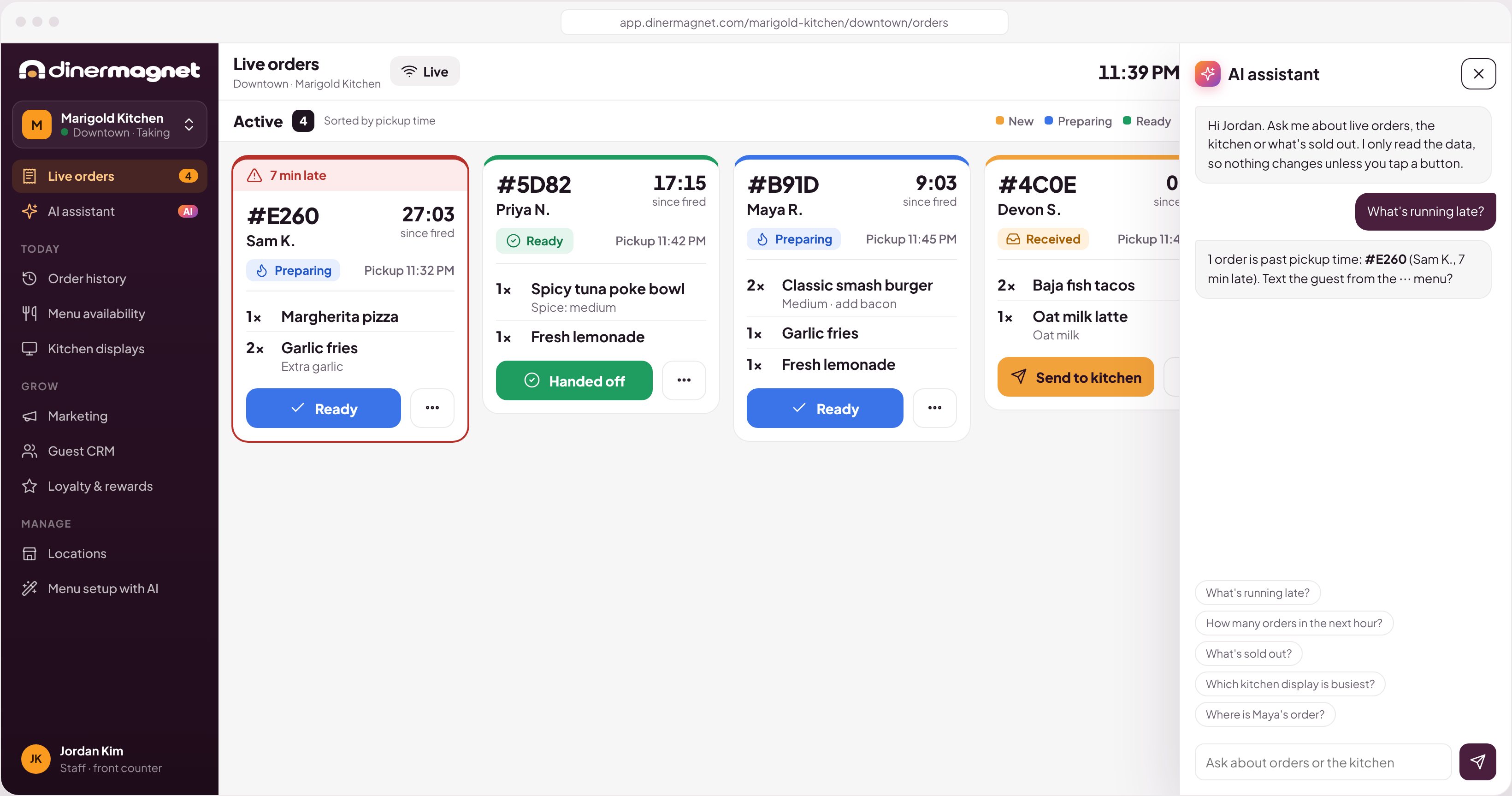 Staff dashboard with the AI assistant open