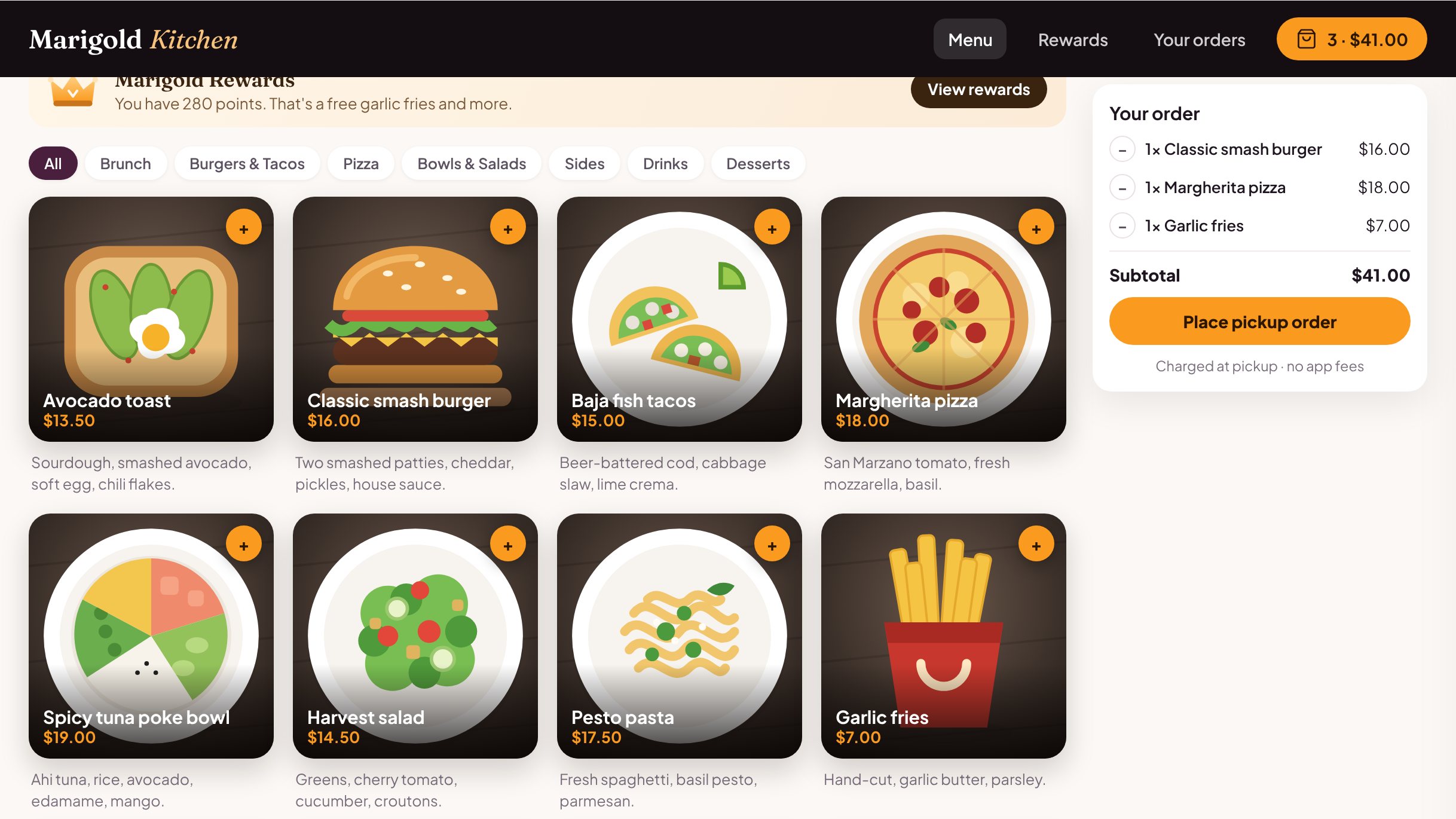 Commission-free online ordering menu